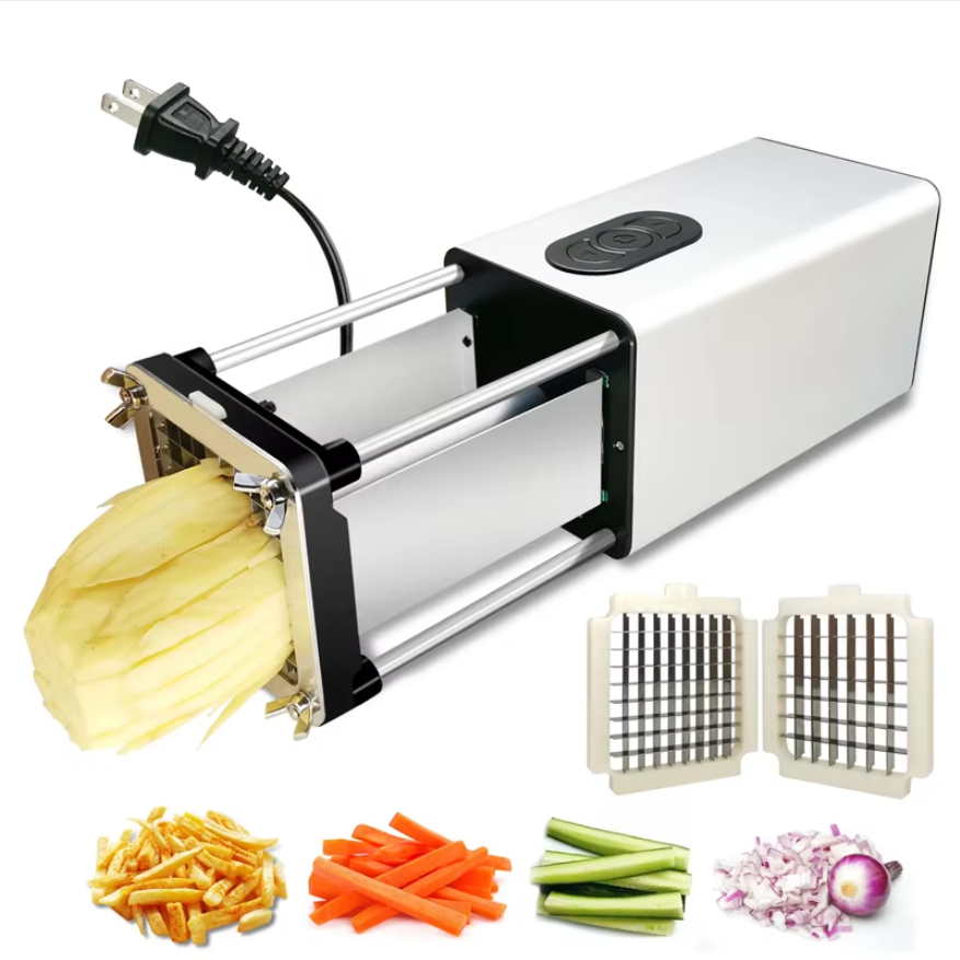 Éplucheur électrique avec lames, compact en argent et noir, design ergonomique pour une découpe de légumes facile.
