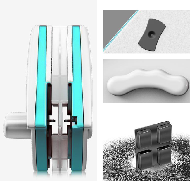 Essuie-glace double face magnétique bleu, nettoie vitres épaisses, forme triangulaire, avec cordon sécurité et récipient savo