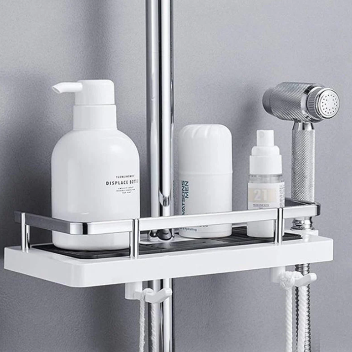 Étagère de douche compacte, design moderne, épurée, haute capacité de rangement; idéale salle de bains, résistante à l'eau.