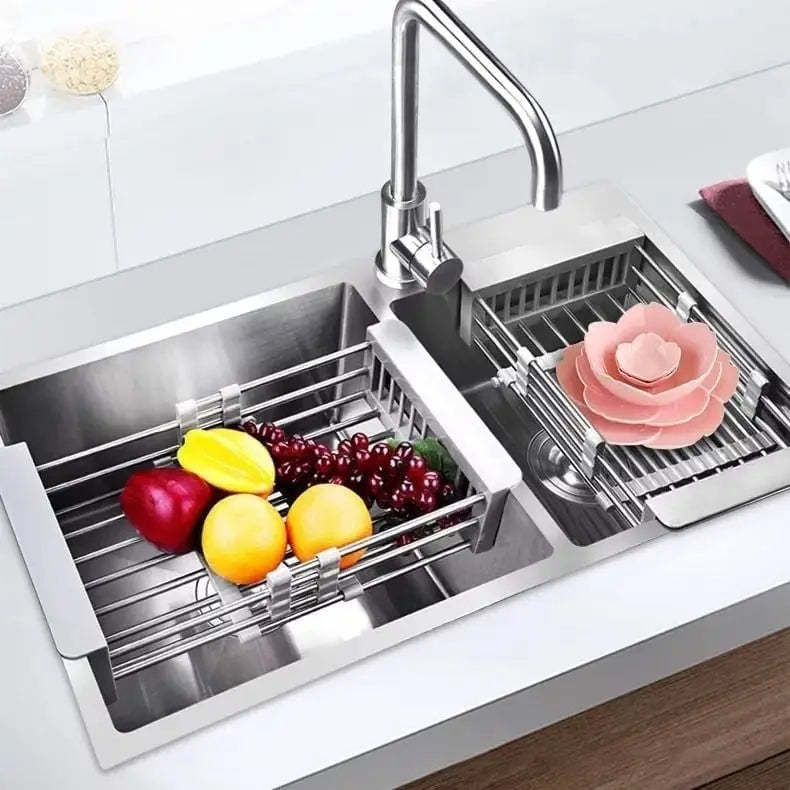 "Étagère extensible pour cuisine en acier inox, design moderne, idéale pour organisateur évier, support ustensiles."