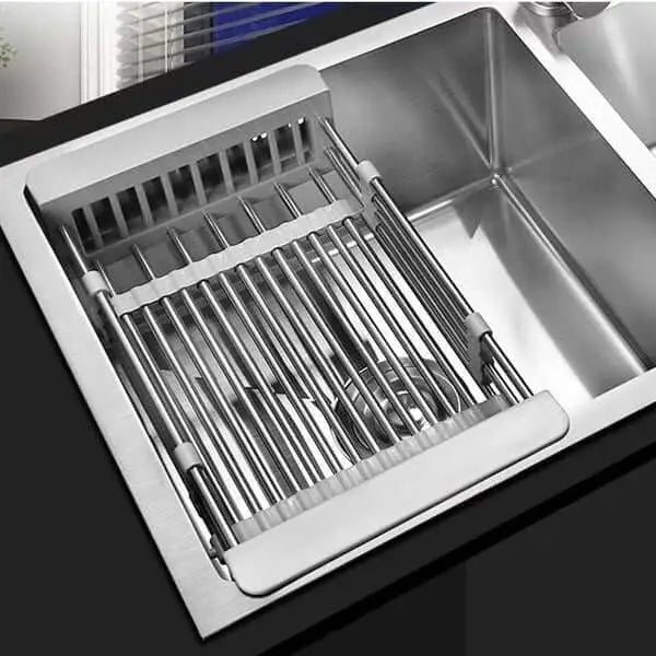 "Étagère extensible pour cuisine en acier inox, design moderne, idéale pour organisateur évier, support ustensiles."