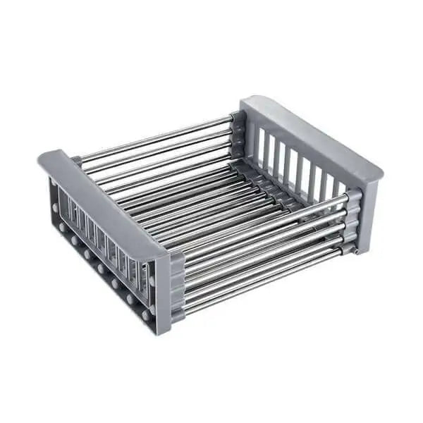 "Étagère extensible pour cuisine en acier inox, design moderne, idéale pour organisateur évier, support ustensiles."