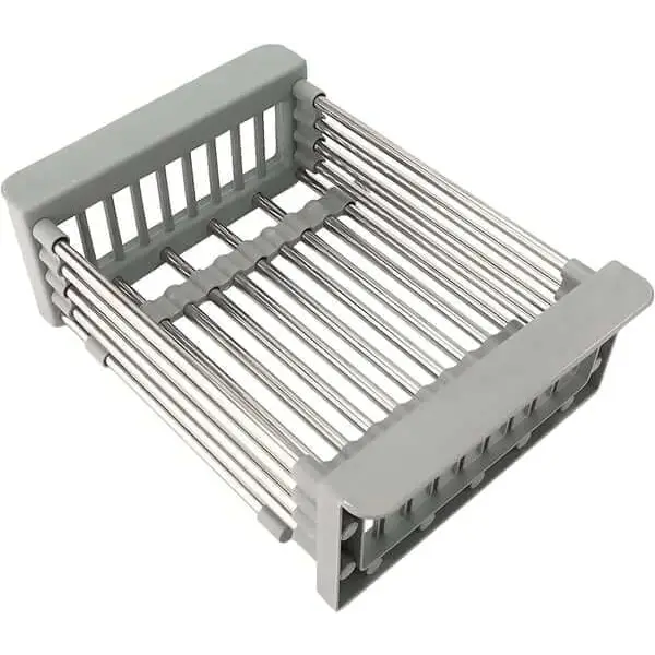 "Étagère extensible pour cuisine en acier inox, design moderne, idéale pour organisateur évier, support ustensiles."