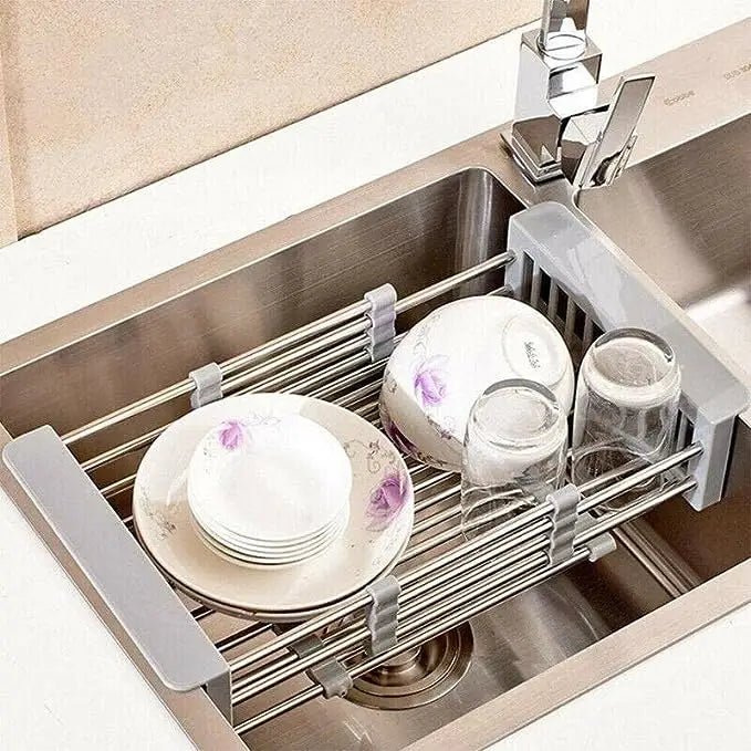 "Étagère extensible pour cuisine en acier inox, design moderne, idéale pour organisateur évier, support ustensiles."
