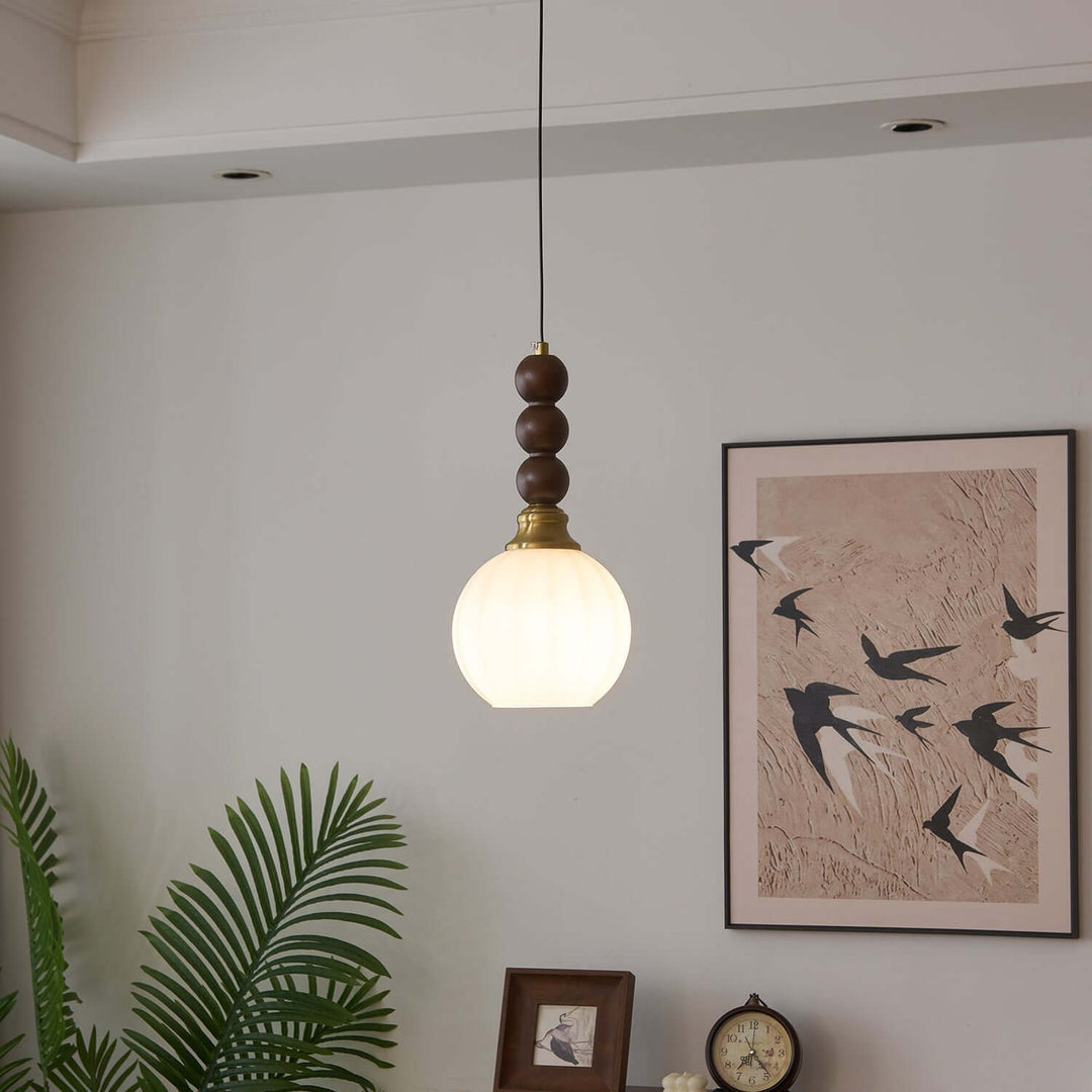 Suspension élégante en verre, bois et métal - Luminaire design