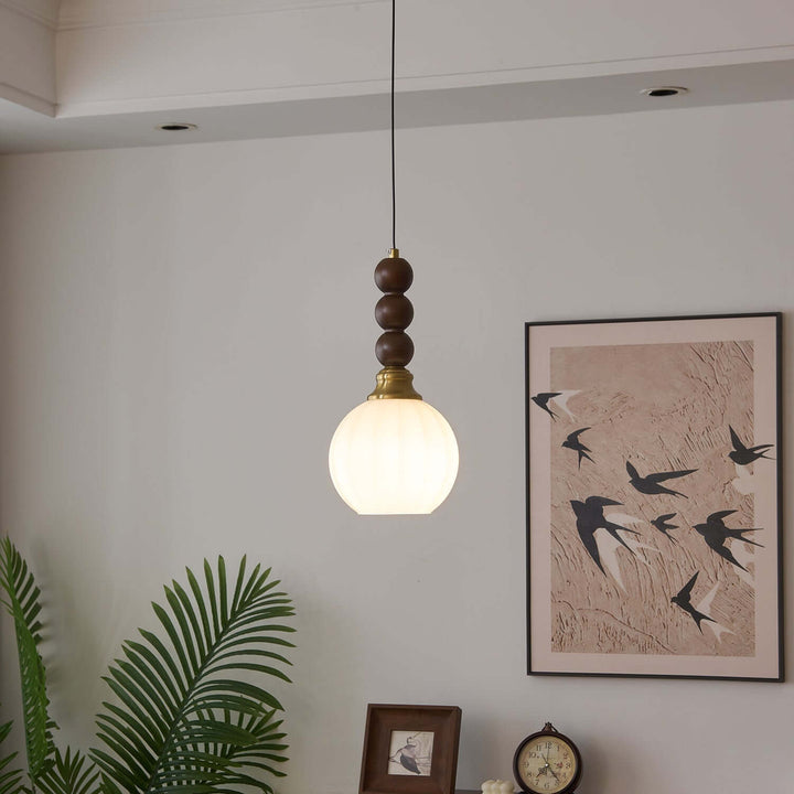 Suspension élégante en verre, bois et métal - Luminaire design