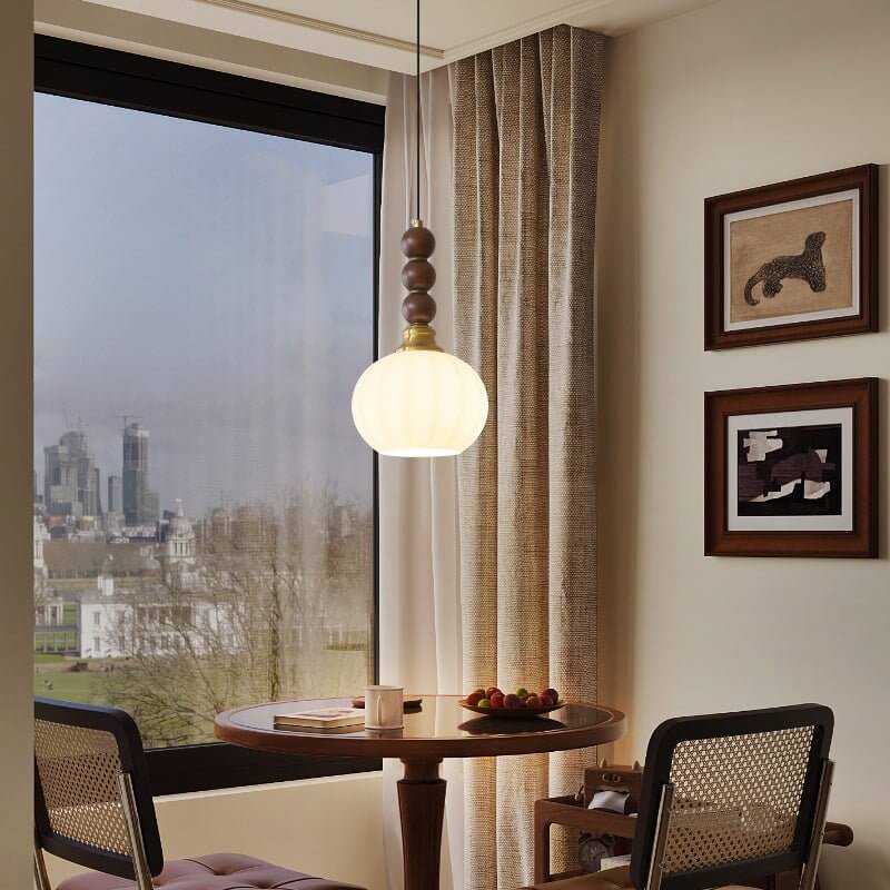 Suspension élégante en verre, bois et métal - Luminaire design