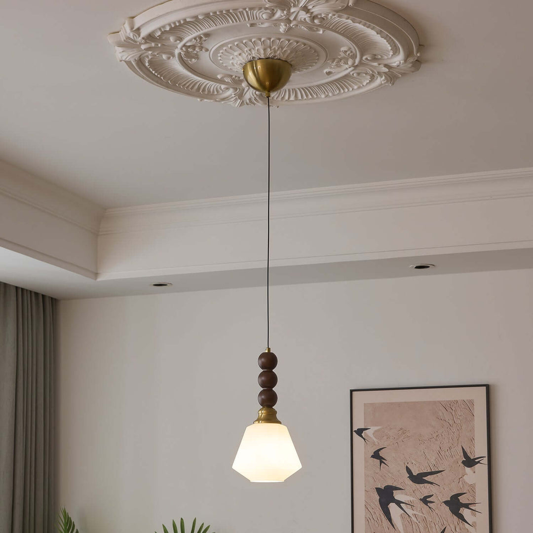 Suspension élégante en verre, bois et métal - Luminaire design