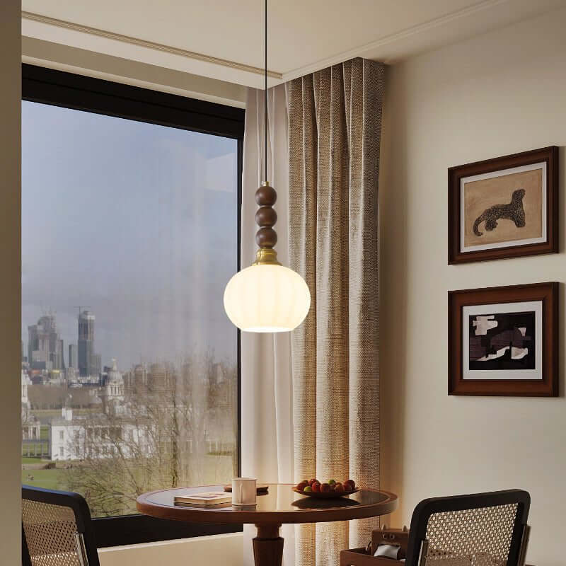 Suspension élégante en verre, bois et métal - Luminaire design