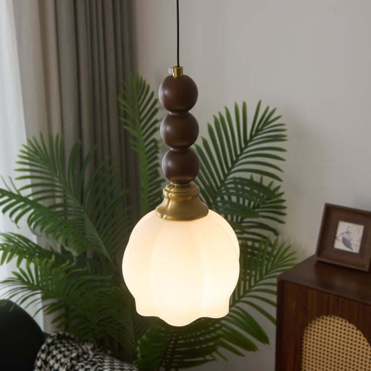 Suspension élégante en verre, bois et métal - Luminaire design