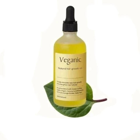 "Flacon d'huile capillaire végane, booste la croissance des cheveux grâce à l'huile d'argan et au romarin."
