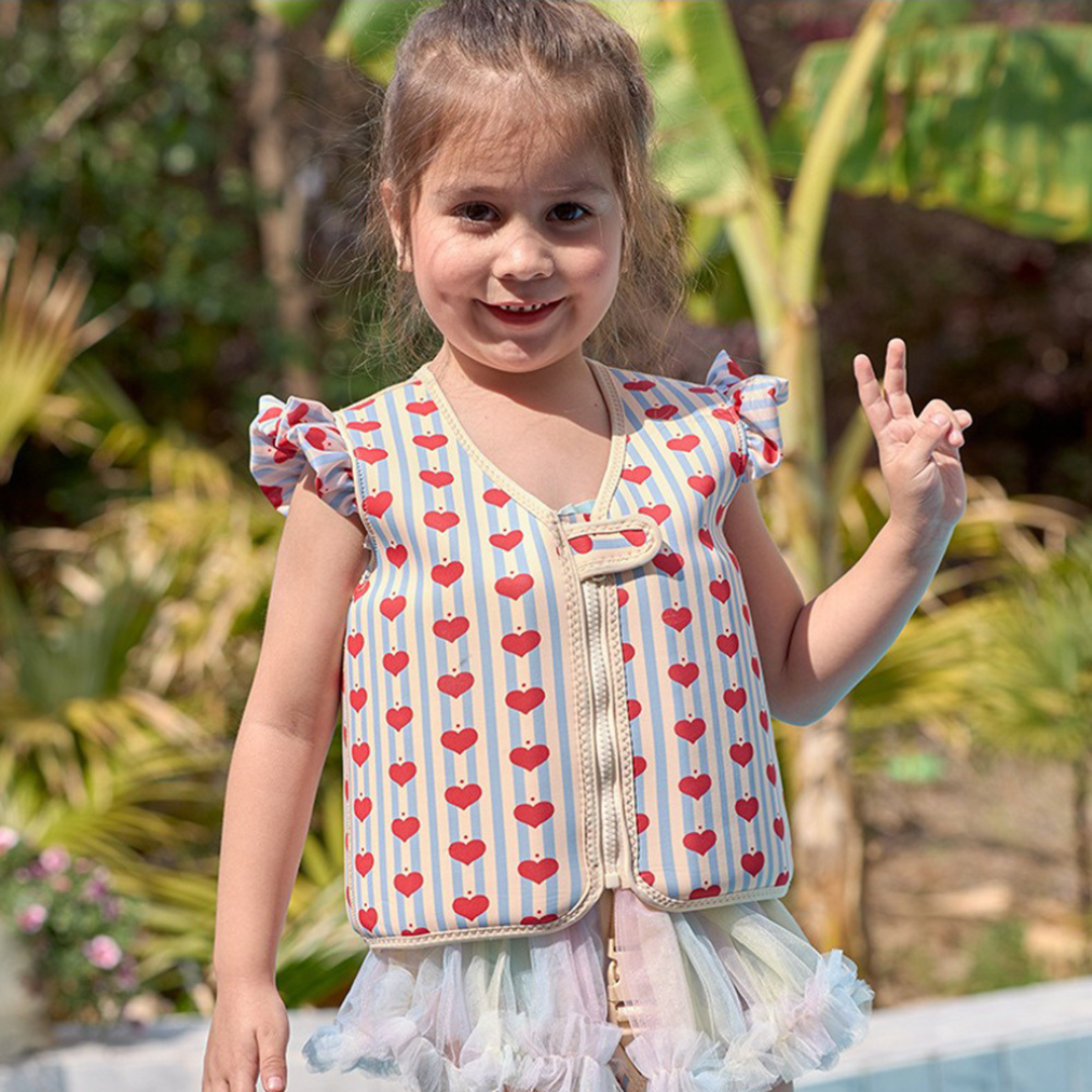 Gilet de natation enfant néoprène, couleurs vives, motifs ludiques, sécurité optimale, flottaison de 2 à 27,5 kg.