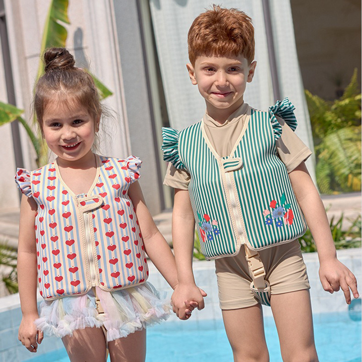 Gilet de natation enfant néoprène, couleurs vives, motifs ludiques, sécurité optimale, flottaison de 2 à 27,5 kg.
