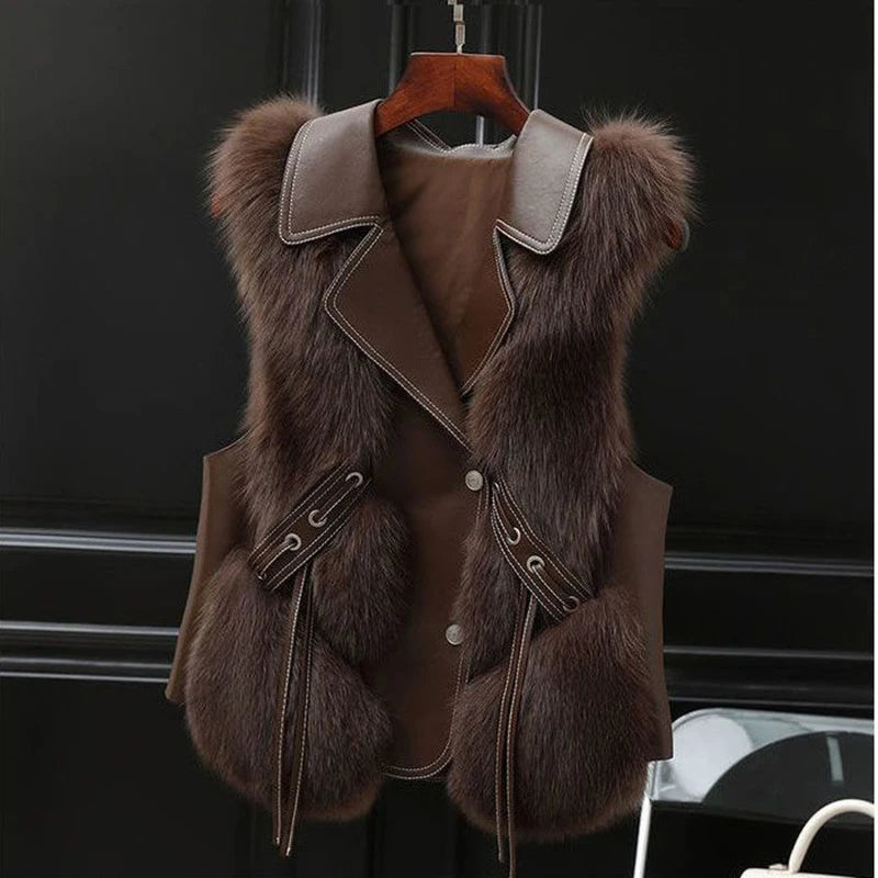 "Gilet femme fausse fourrure col oversize, look élégant et ajustable, idéal pour superposition et confort automnal."