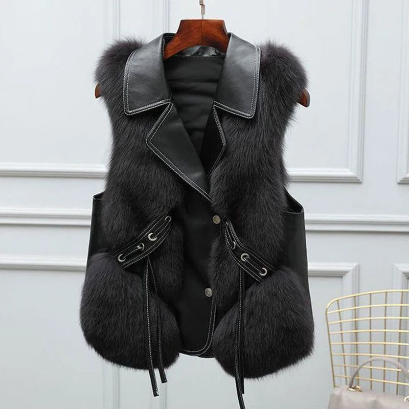 "Gilet femme fausse fourrure col oversize, look élégant et ajustable, idéal pour superposition et confort automnal."