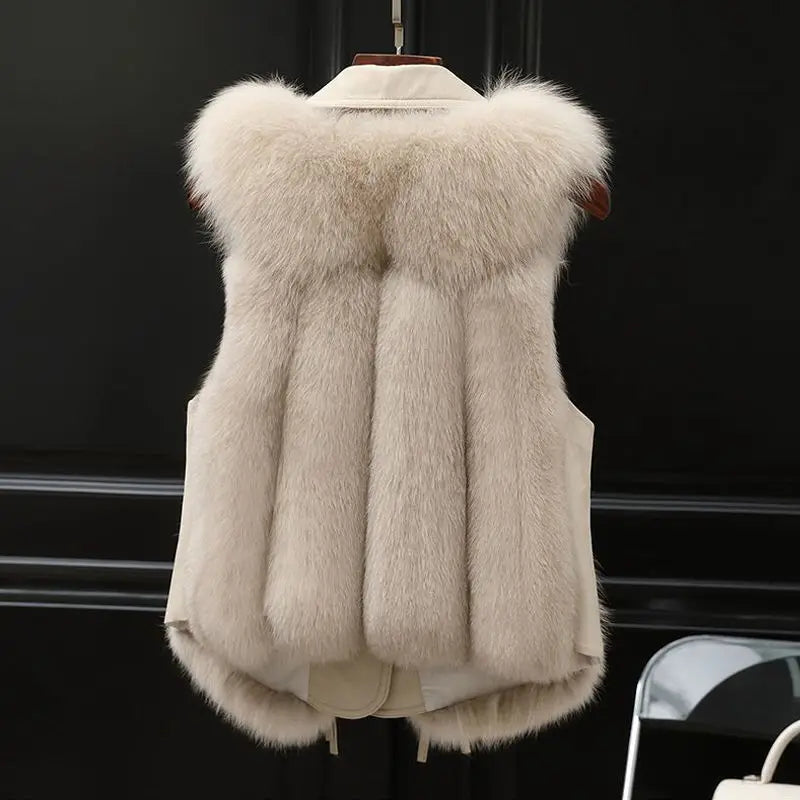 "Gilet femme fausse fourrure col oversize, look élégant et ajustable, idéal pour superposition et confort automnal."