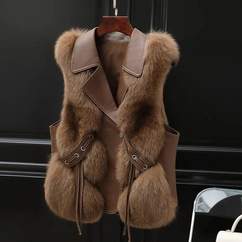 "Gilet femme fausse fourrure col oversize, look élégant et ajustable, idéal pour superposition et confort automnal."