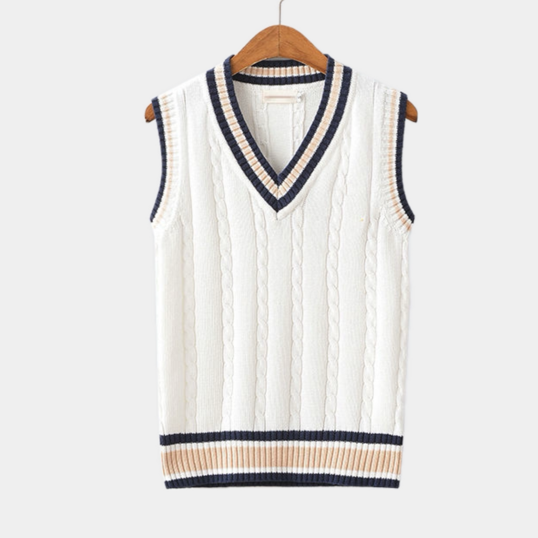 "Gilet rayé homme col V, style universitaire, rayures élégantes, coupe décontractée, allure moderne et sophistiquée."