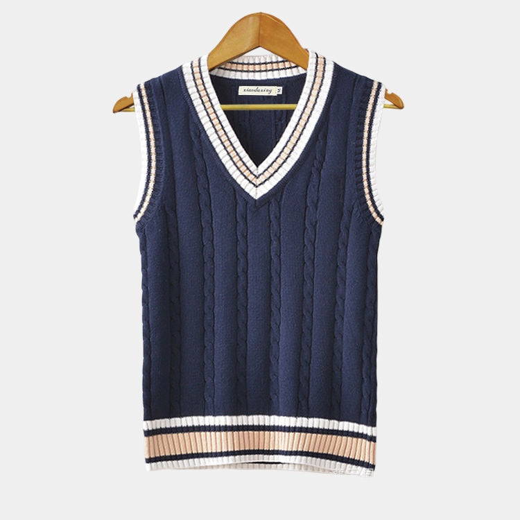 "Gilet rayé homme col V, style universitaire, rayures élégantes, coupe décontractée, allure moderne et sophistiquée."