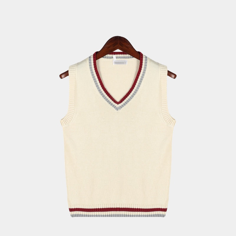 "Gilet rayé homme col V, style universitaire, rayures élégantes, coupe décontractée, allure moderne et sophistiquée."