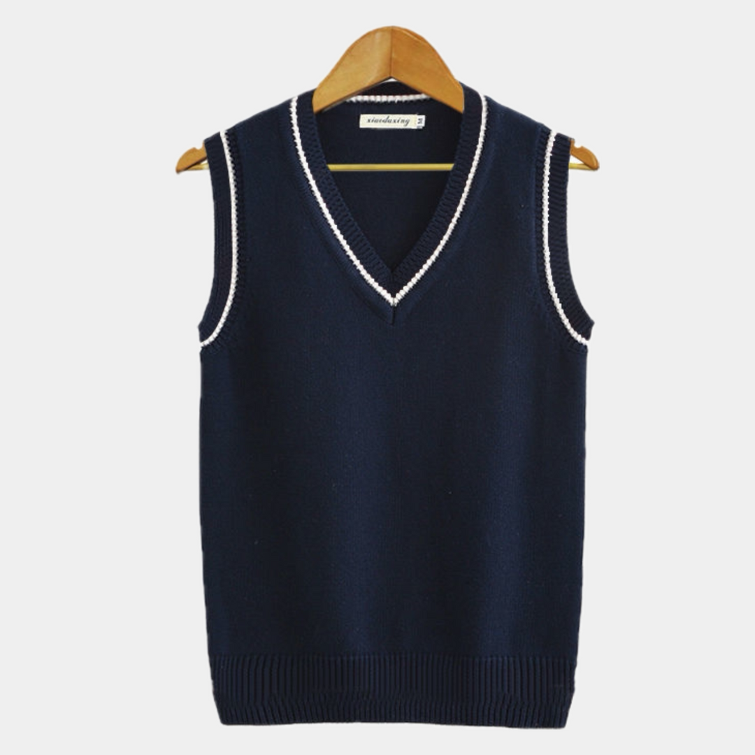 "Gilet rayé homme col V, style universitaire, rayures élégantes, coupe décontractée, allure moderne et sophistiquée."