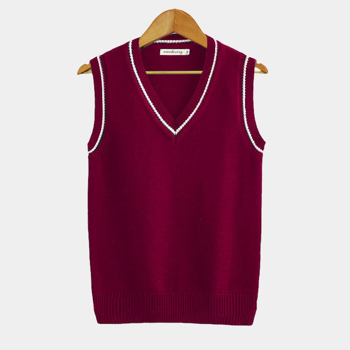 "Gilet rayé homme col V, style universitaire, rayures élégantes, coupe décontractée, allure moderne et sophistiquée."