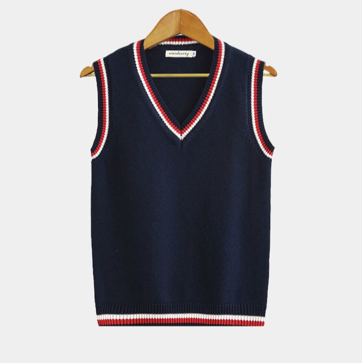 "Gilet rayé homme col V, style universitaire, rayures élégantes, coupe décontractée, allure moderne et sophistiquée."