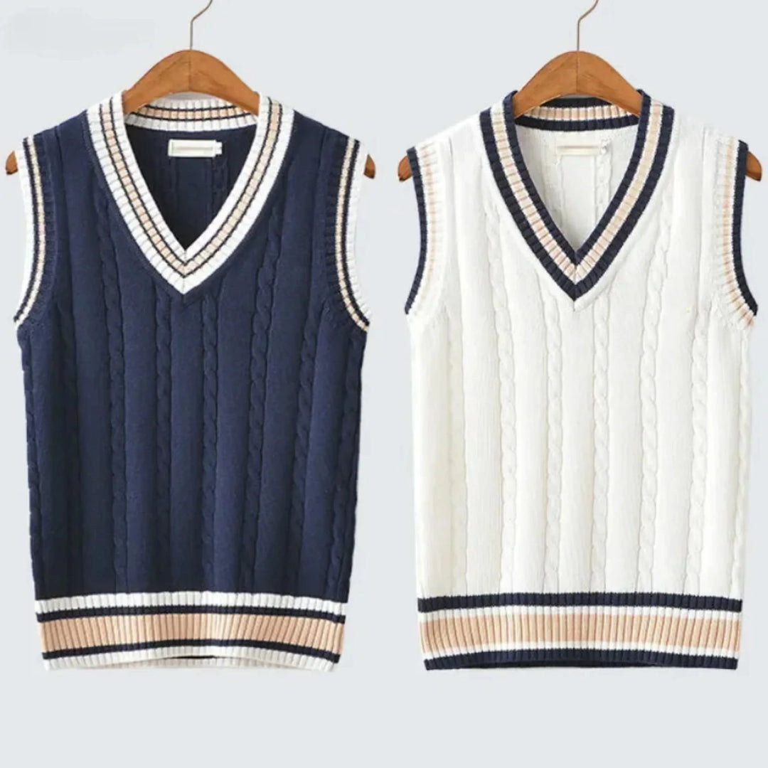 "Gilet sans manches homme élégant, tricot épais, style classique; à porter sur chemise ou col roulé pour chaleur et raffineme