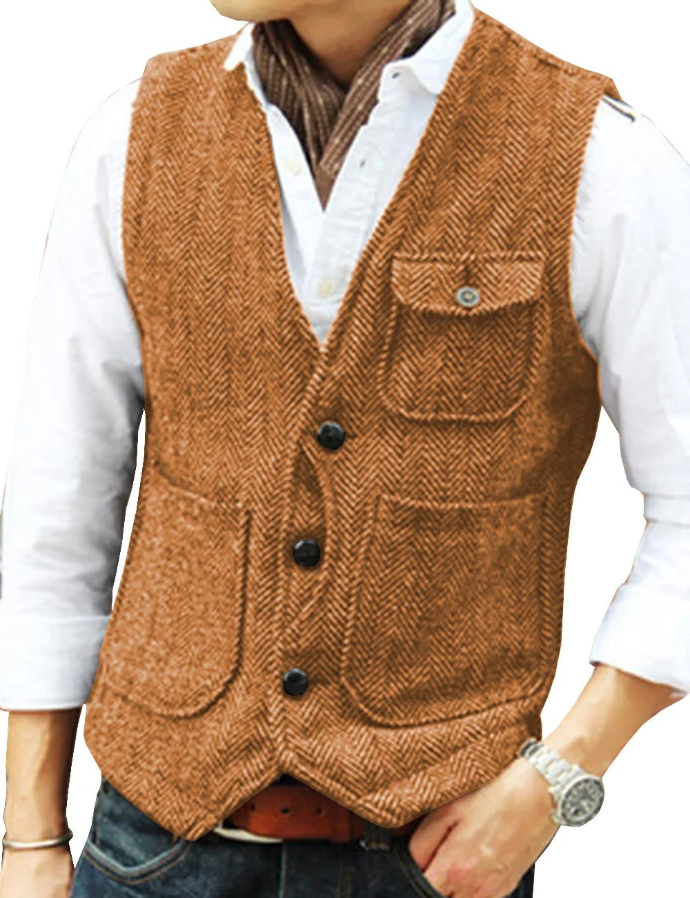 "Gilet vert armée sans manches homme en tweed, style vintage, poches élégantes, parfait pour look raffiné et intemporel."