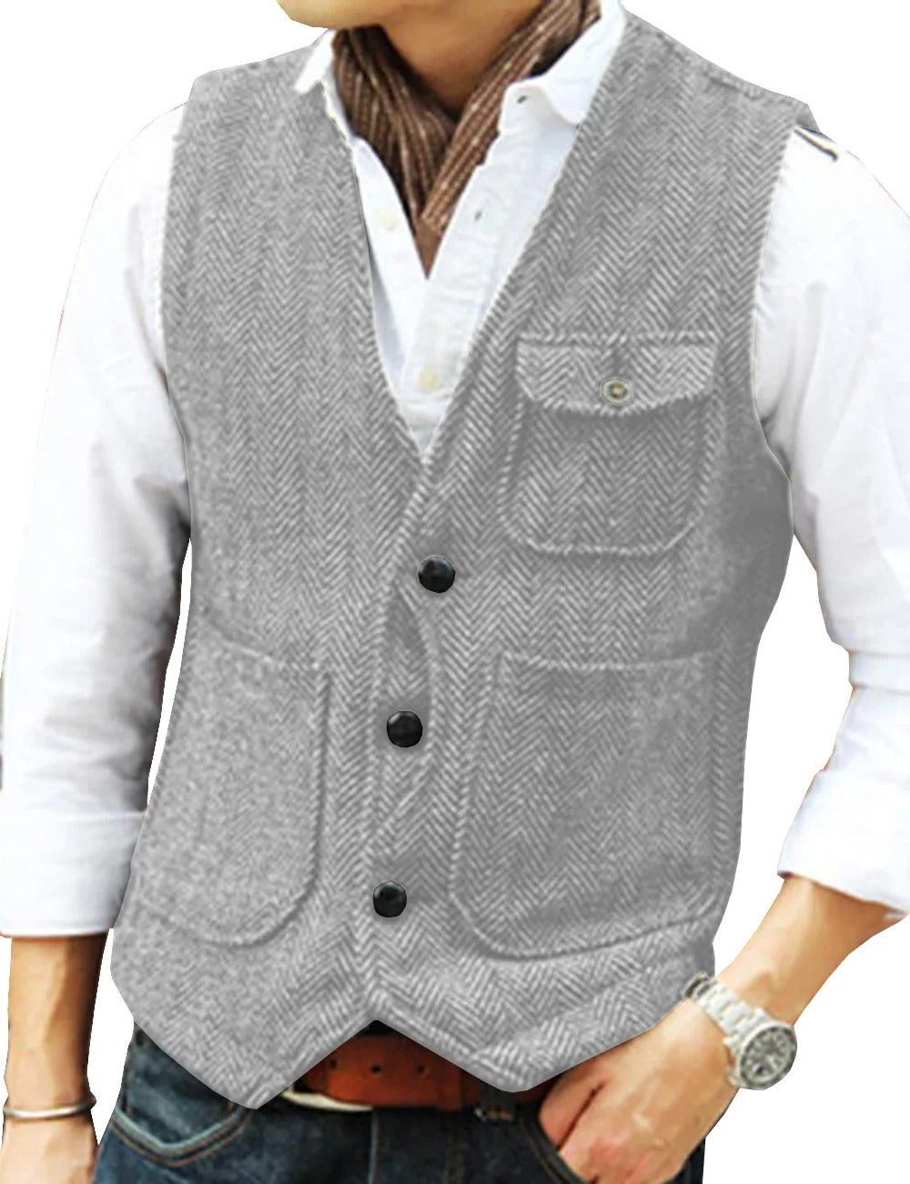 "Gilet vert armée sans manches homme en tweed, style vintage, poches élégantes, parfait pour look raffiné et intemporel."
