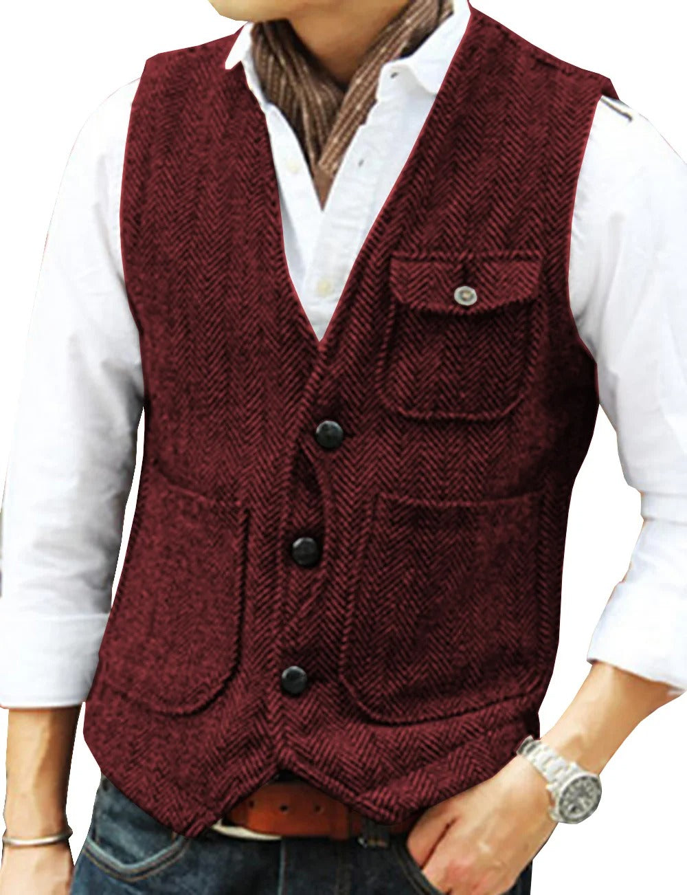 "Gilet vert armée sans manches homme en tweed, style vintage, poches élégantes, parfait pour look raffiné et intemporel."