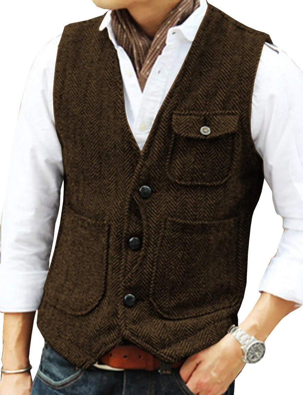 "Gilet vert armée sans manches homme en tweed, style vintage, poches élégantes, parfait pour look raffiné et intemporel."