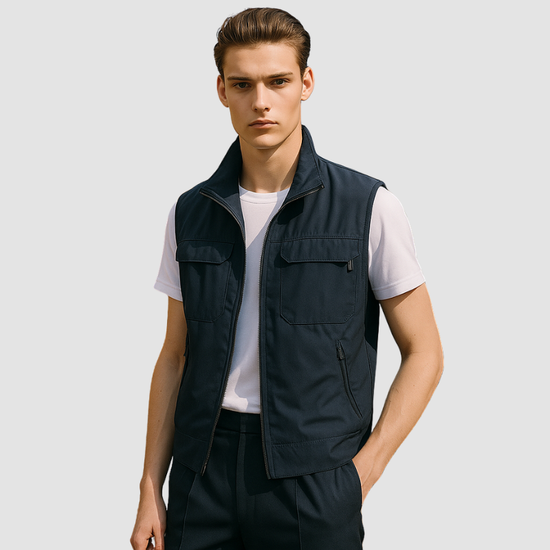 "Gilet zippé homme léger et respirant, gris, protection UV, parfait pour l'été, avec fermeture éclair pour style polyvalent."