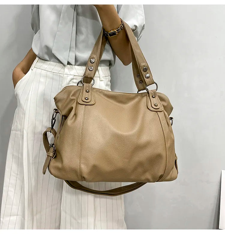 "Grand cabas similicuir grainé pour étudiants et professionnels, spacieux et élégant, disponible en beige, crème, marron, noi