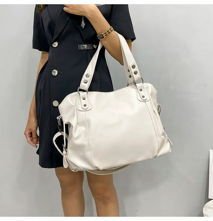 "Grand cabas similicuir grainé pour étudiants et professionnels, spacieux et élégant, disponible en beige, crème, marron, noi
