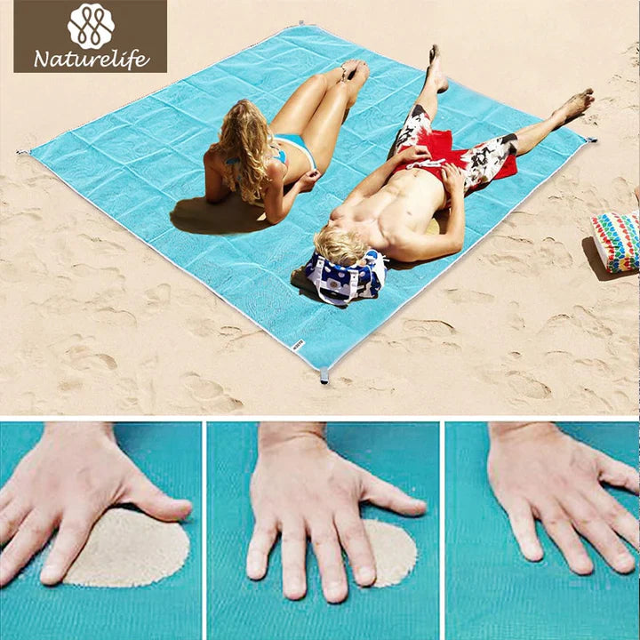 "Grande couverture de plage imperméable, 5-8 adultes, repousse sable et eau, polyester bleu, idéale pique-niques."