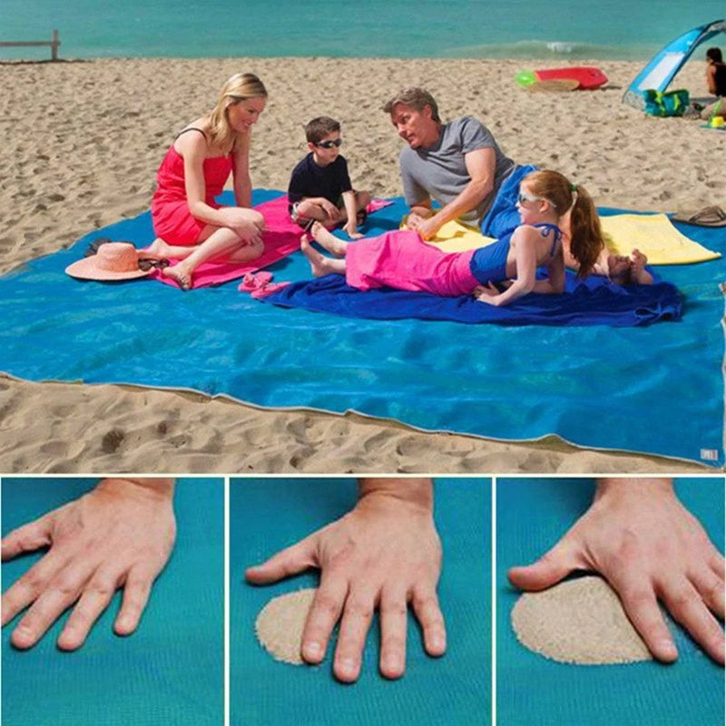 "Grande couverture de plage imperméable, 5-8 adultes, repousse sable et eau, polyester bleu, idéale pique-niques."
