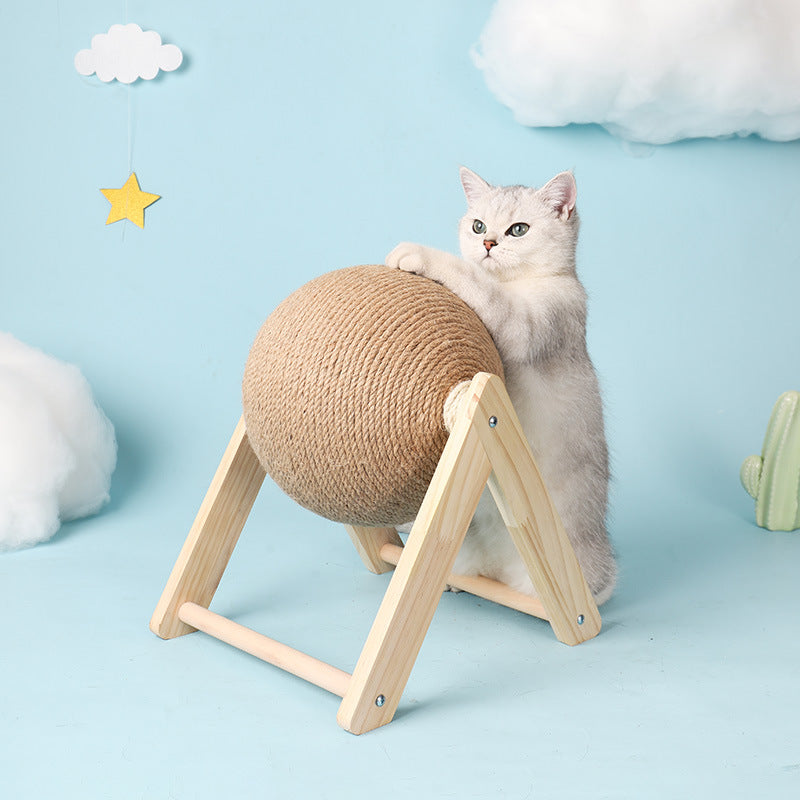 "Griffoir sphérique en sisal pour chats, design moderne, surface rotative, structure bois, idéal pour les griffes des félins.