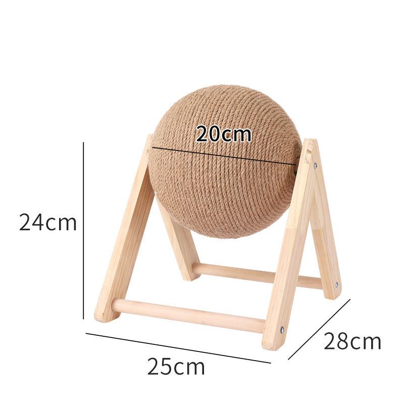 "Griffoir sphérique en sisal pour chats, design moderne, surface rotative, structure bois, idéal pour les griffes des félins.