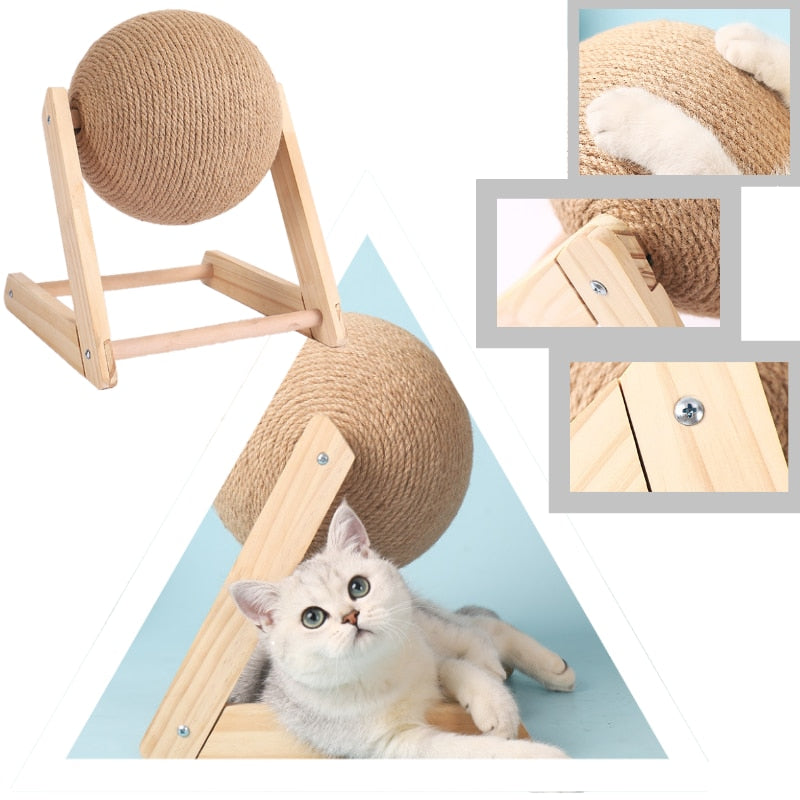 "Griffoir sphérique en sisal pour chats, design moderne, surface rotative, structure bois, idéal pour les griffes des félins.