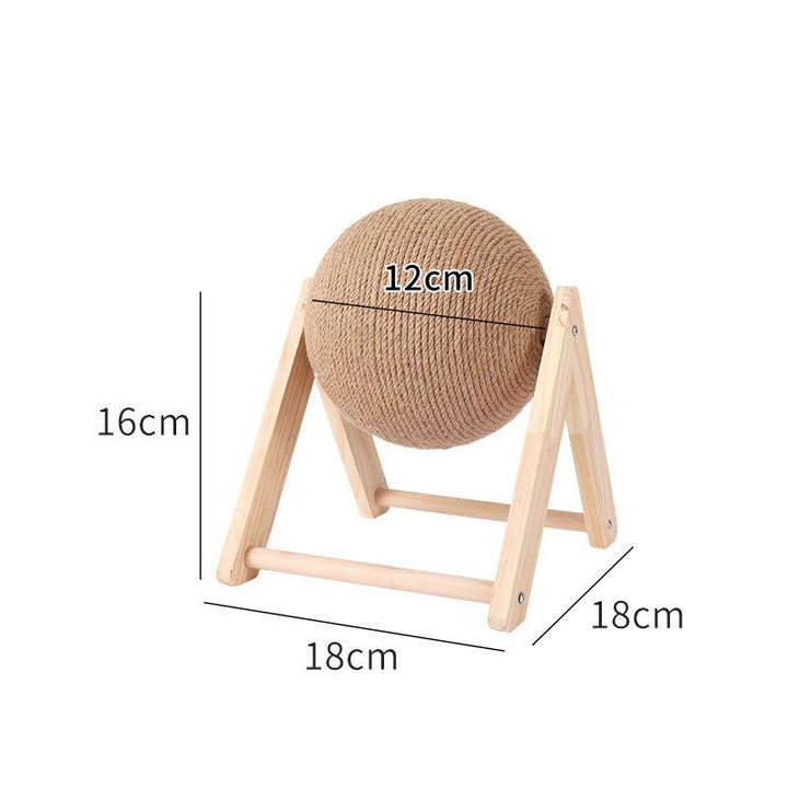 "Griffoir sphérique en sisal pour chats, design moderne, surface rotative, structure bois, idéal pour les griffes des félins.