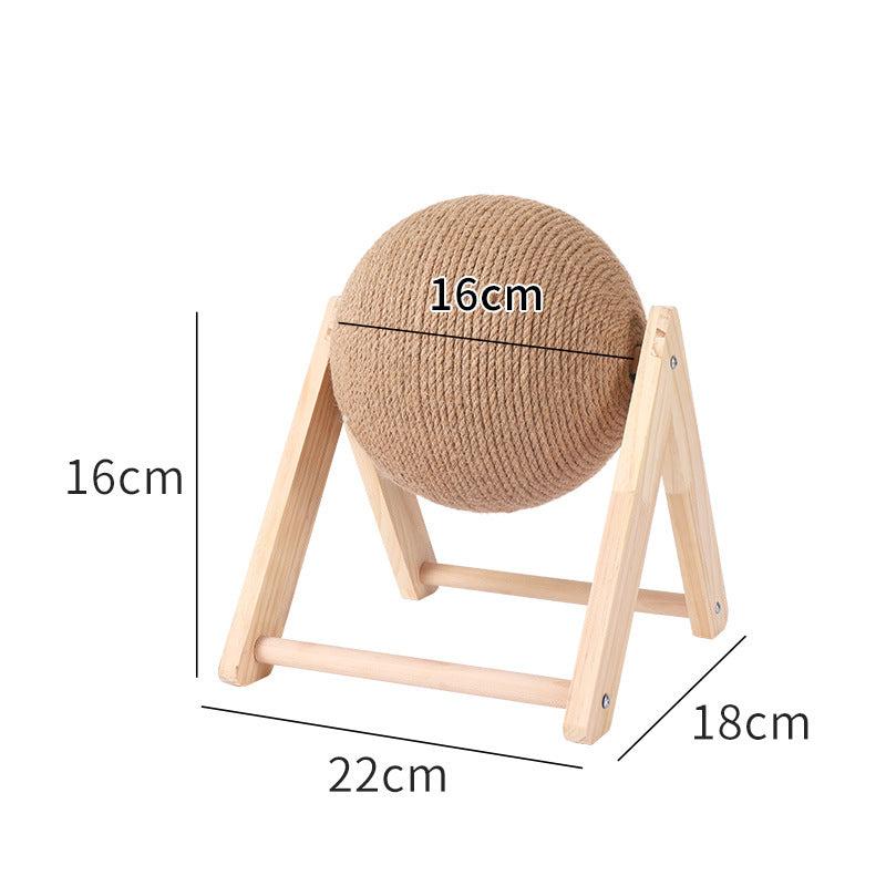 "Griffoir sphérique en sisal pour chats, design moderne, surface rotative, structure bois, idéal pour les griffes des félins.