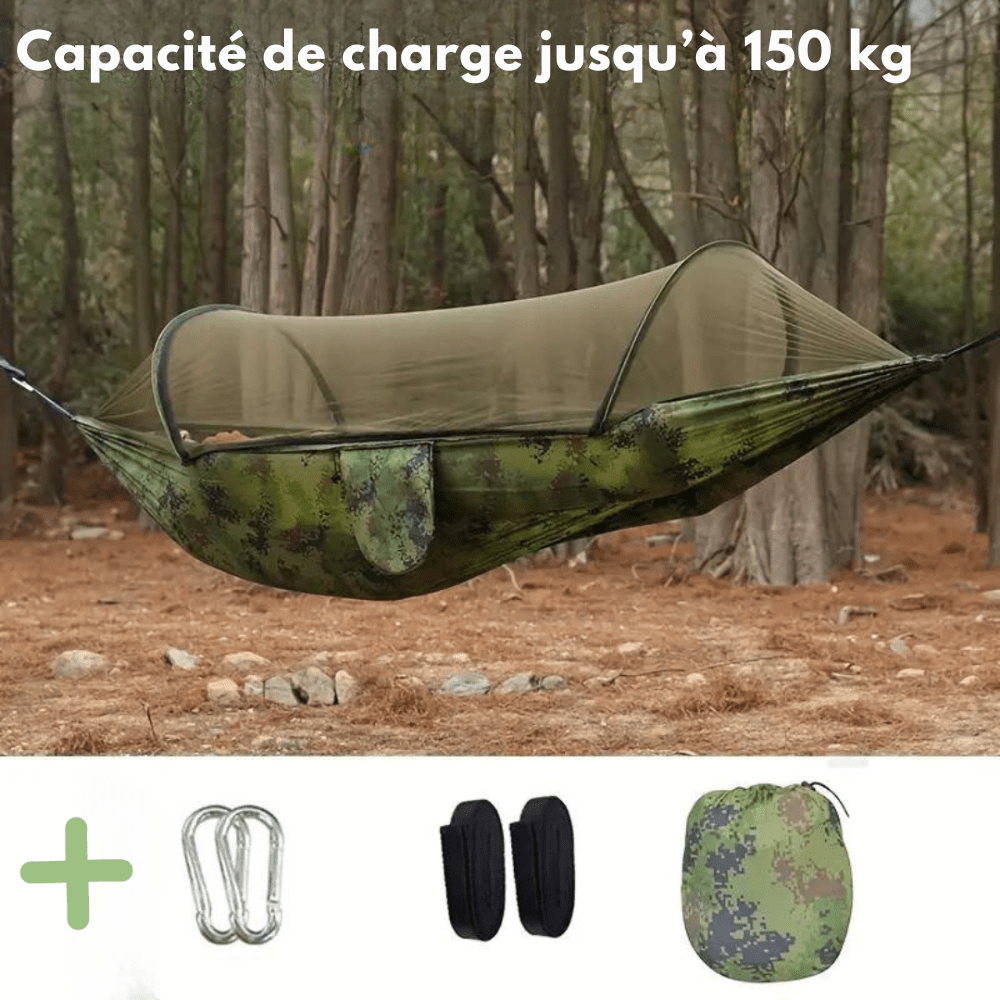 "Hamac de camping léger avec moustiquaire, tissu parachute robuste, protégé des insectes, idéal aventure et plein air."