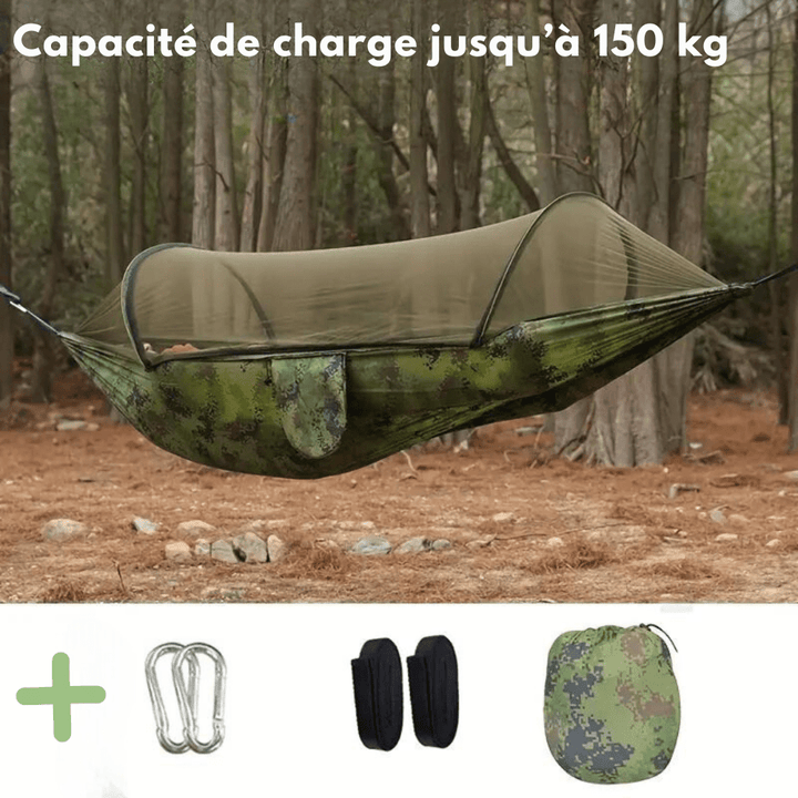 "Hamac de camping léger avec moustiquaire, tissu parachute robuste, protégé des insectes, idéal aventure et plein air."