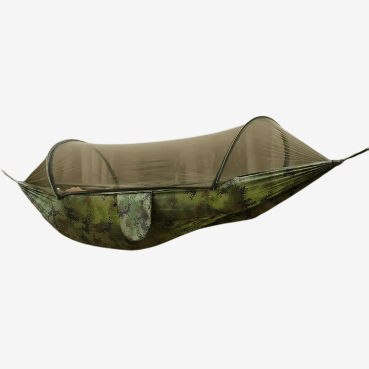 "Hamac de camping léger avec moustiquaire, tissu parachute robuste, protégé des insectes, idéal aventure et plein air."