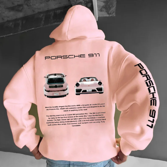 "Hoodie oversize unisexe gris avec imprimé Porsche 911 GT3RS, coupe ample et tissu confortable, idéal pour mode urbaine."