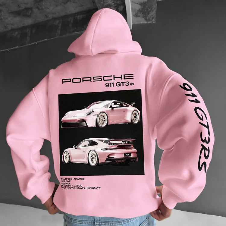 "Hoodie oversize unisexe gris avec imprimé Porsche 911 GT3RS, coupe ample et tissu confortable, idéal pour mode urbaine."