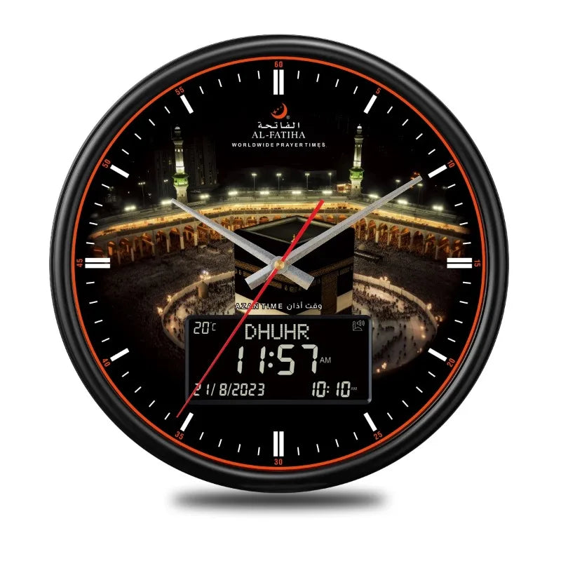 "Horloge murale intelligente pour prières, design moderne, affichage numérique et analogique, avec calendrier Hijri intégré."