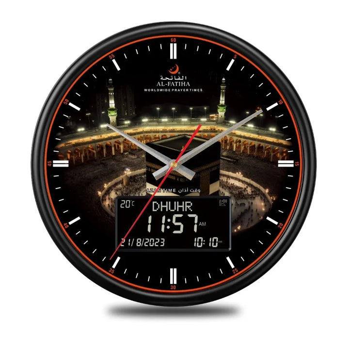 "Horloge murale intelligente pour prières, design moderne, affichage numérique et analogique, avec calendrier Hijri intégré."