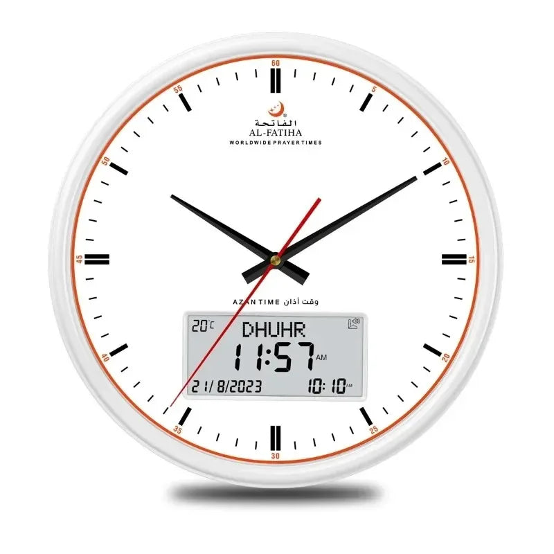 "Horloge murale intelligente pour prières, design moderne, affichage numérique et analogique, avec calendrier Hijri intégré."